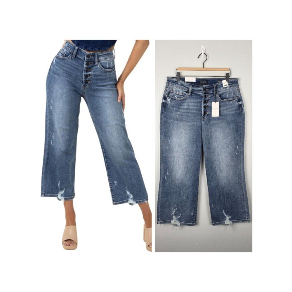 Judy Blue Wide Leg Crop Jeans Stretch Button Fly Distressed Blue Size 16W NEW